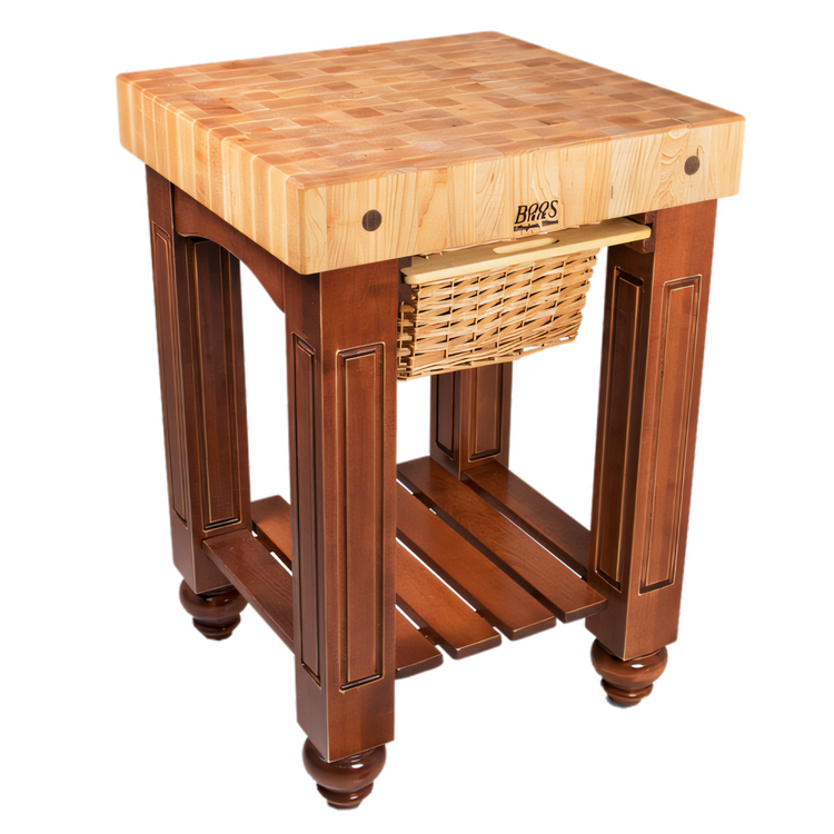 Product image #1 for John Boos American Heritage Gathering Block Butcher Block Work Table with 4-Inch End Grain Maple Top and Wicker Basket, 25 x 24 x 36 Inches