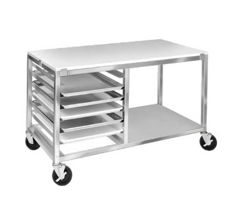 Product image #1 for 48 x 24 Inch Double-Section End-Load Aluminum Bun Pan Rack Work Table with Poly Top, Open Shelf and Angle Slides