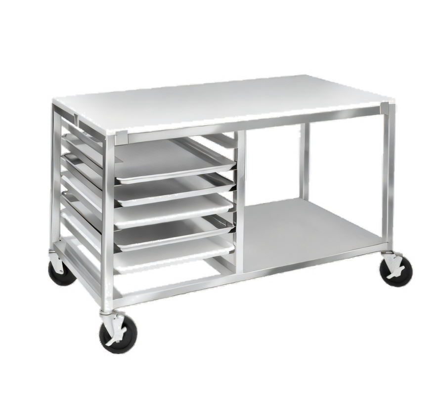 Product image #1 for 48 x 24 Inch Double-Section End-Load Aluminum Bun Pan Rack Work Table with Poly Top, Open Shelf and Angle Slides