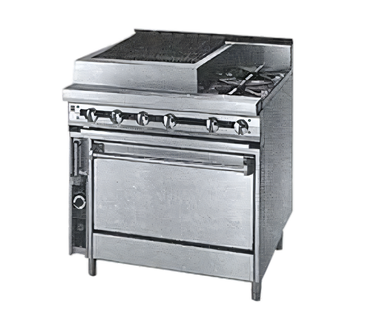 Product image #1 for Titan JTRH-24B-12WT-36 Heavy Duty Gas Range with 24 Inch Charbroiler, 12 Inch Work Top, and Standard Oven