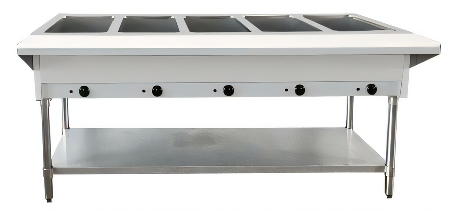 Product image #1 for 72-Inch Natural Gas Open Well Stainless Steel Steam Table with 5 Full-Size Pan Capacity, Cutting Board, and Undershelf