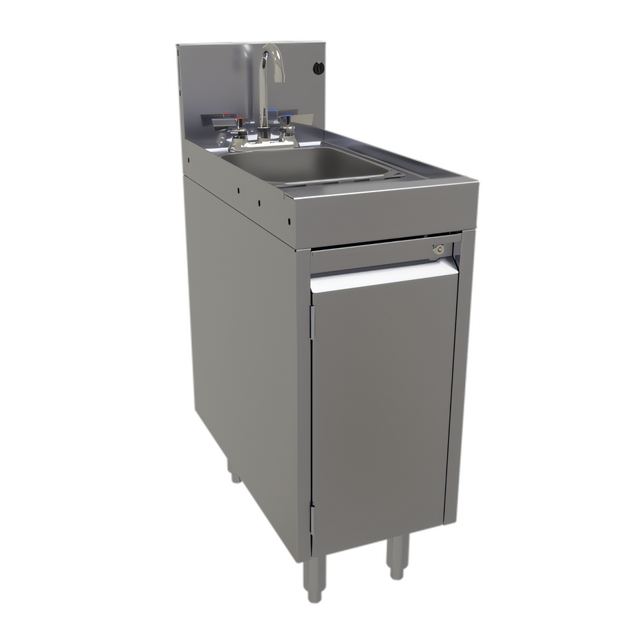 Product image #1 for Glastender Underbar Wet Waste Sink with Cabinet Base, Hinged Door and Gooseneck Faucet, 12-Inch W x 24-Inch D