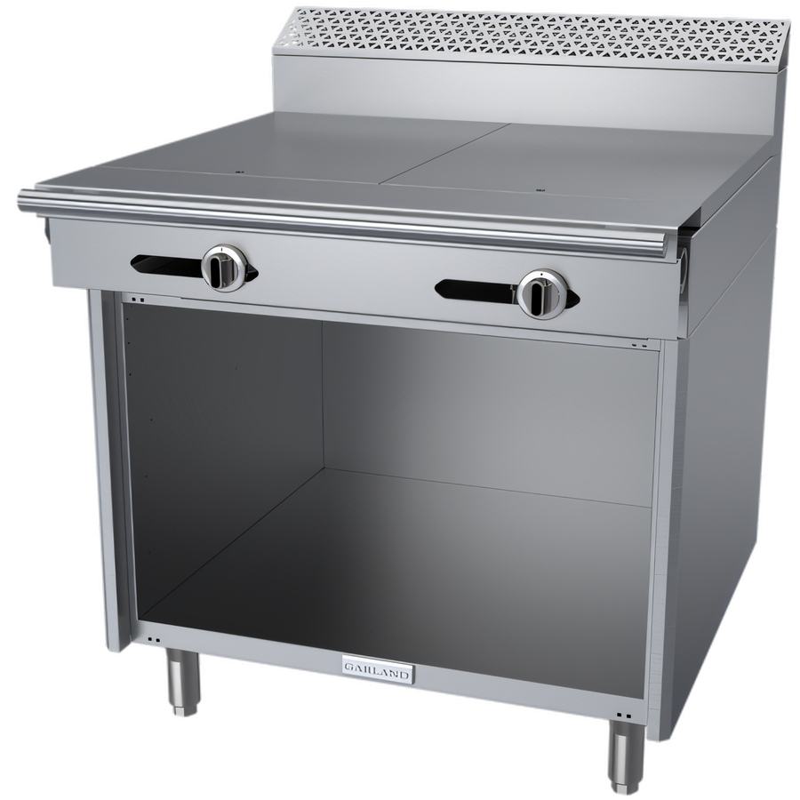 Product image #1 for Garland Cuisine Series 36-Inch Heavy Duty Gas Hot Top Range with Two 18-Inch Even-Heat Hot Tops and Open Cabinet Base