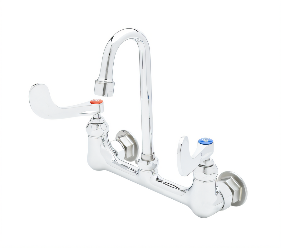 Product image #1 for T&S Brass Commercial Wall Mount Mixing Faucet, 8-Inch Centers, Swivel/Rigid Gooseneck, 1.0 GPM Aerator