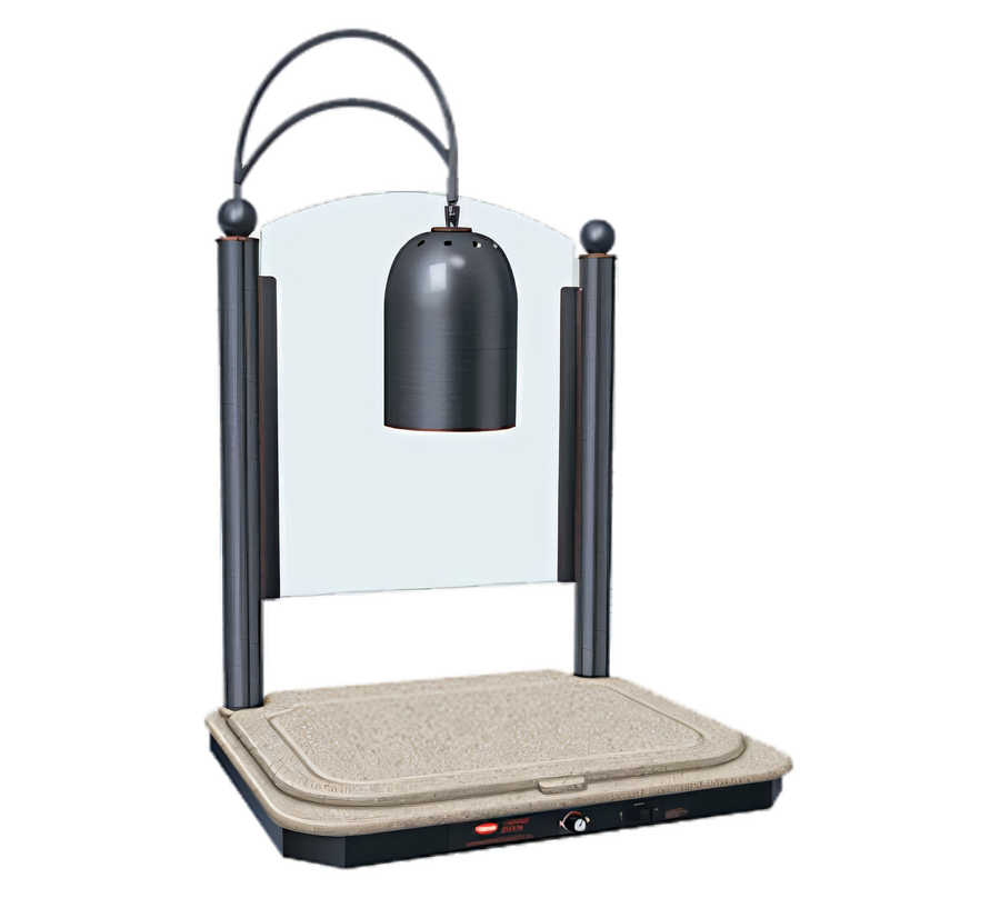 Product image #1 for Hatco Freestanding Decorative Carving Station with Single Heat Lamp, Heated Stone Base, Sneeze Guard, and 24 x 20 Cutting Board