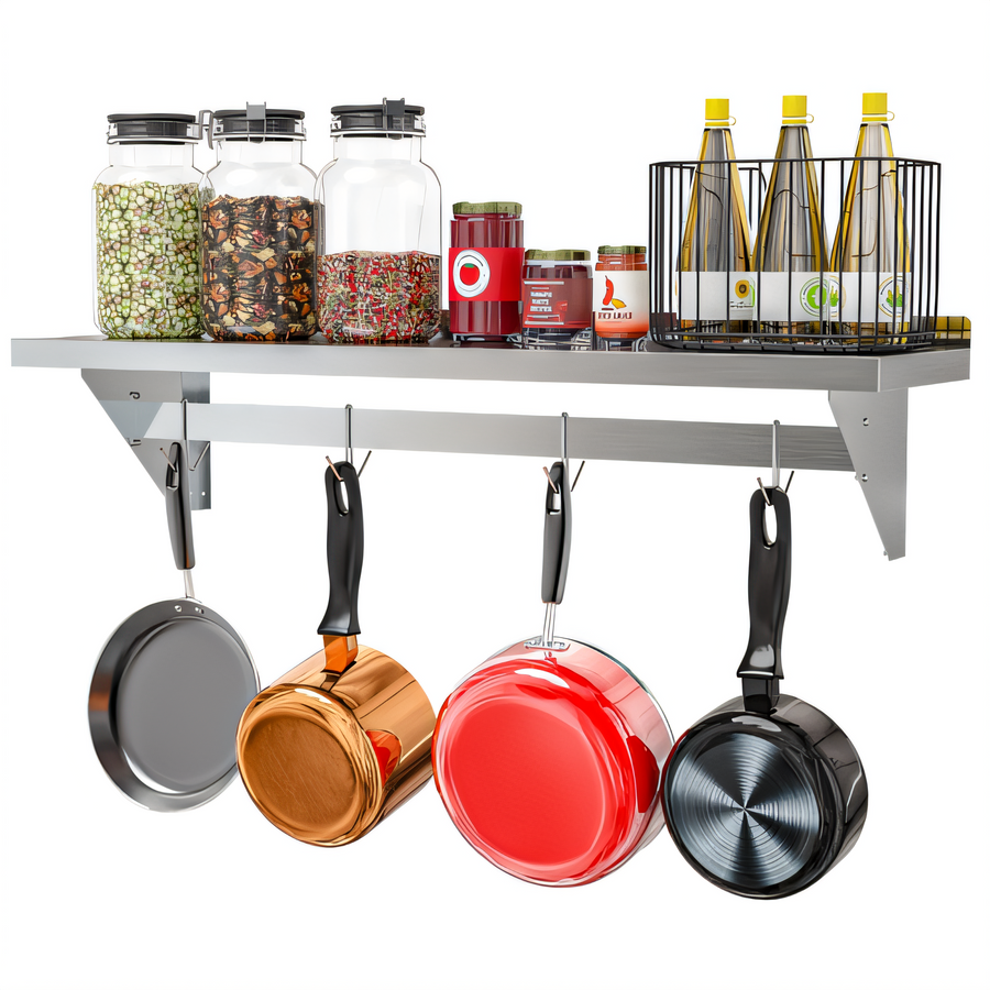Product image #1 for 48 Inch Wall-Mounted Stainless Steel Shelf with Pot Rack and Removable Hooks