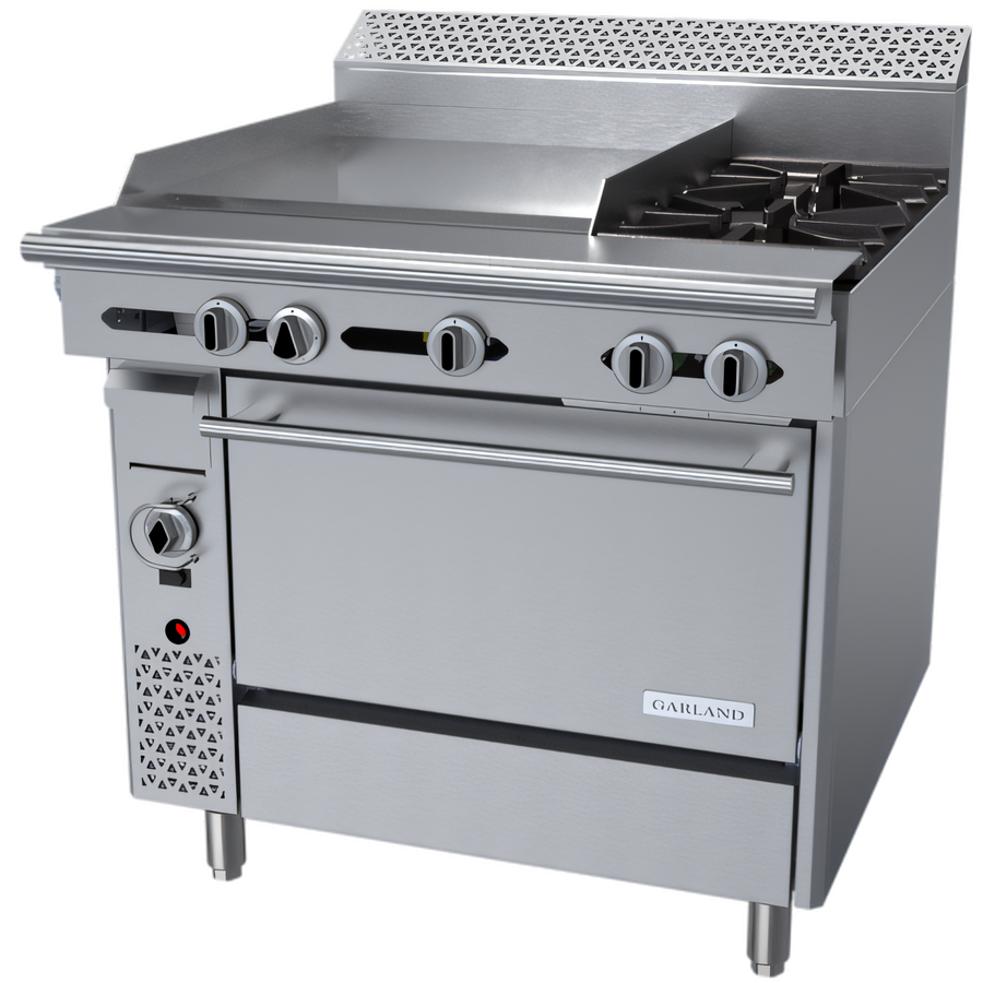 Product image #1 for Garland Cuisine Series 36-Inch Heavy Duty Gas Combination Top Range with 24-Inch Left Griddle, 2 Open Burners, and Convection Oven