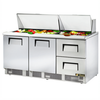 72-Inch Three-Section Sandwich/Salad Prep Table with Doors and Drawers, Rear-Mounted Self-Contained Refrigeration, 30-Pan Top Capacity
