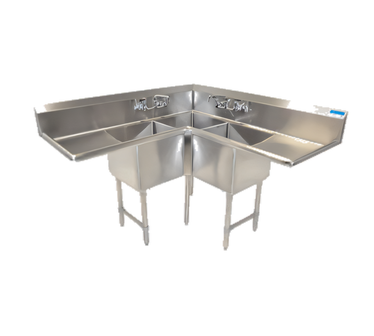 Product image #1 for BK Resources 3-Compartment Corner Sink with Dual 24-Inch Drainboards, 75 x 75 x 43-1/2 Inches