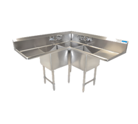 BK Resources 3-Compartment Corner Sink with Dual 24-Inch Drainboards, 75 x 75 x 43-1/2 Inches