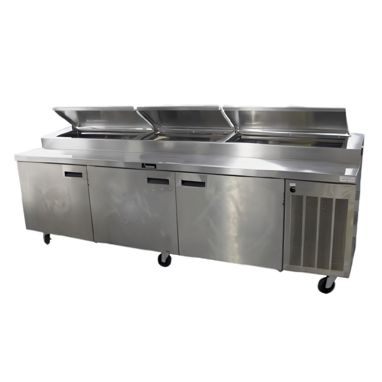 Product image #1 for Delfield 114-Inch Three-Section Refrigerated Pizza Prep Table, 30.9 Cu. Ft., Stainless Steel Top, 14 Third-Size Pan Capacity, Side-Mounted R290 Refrigeration