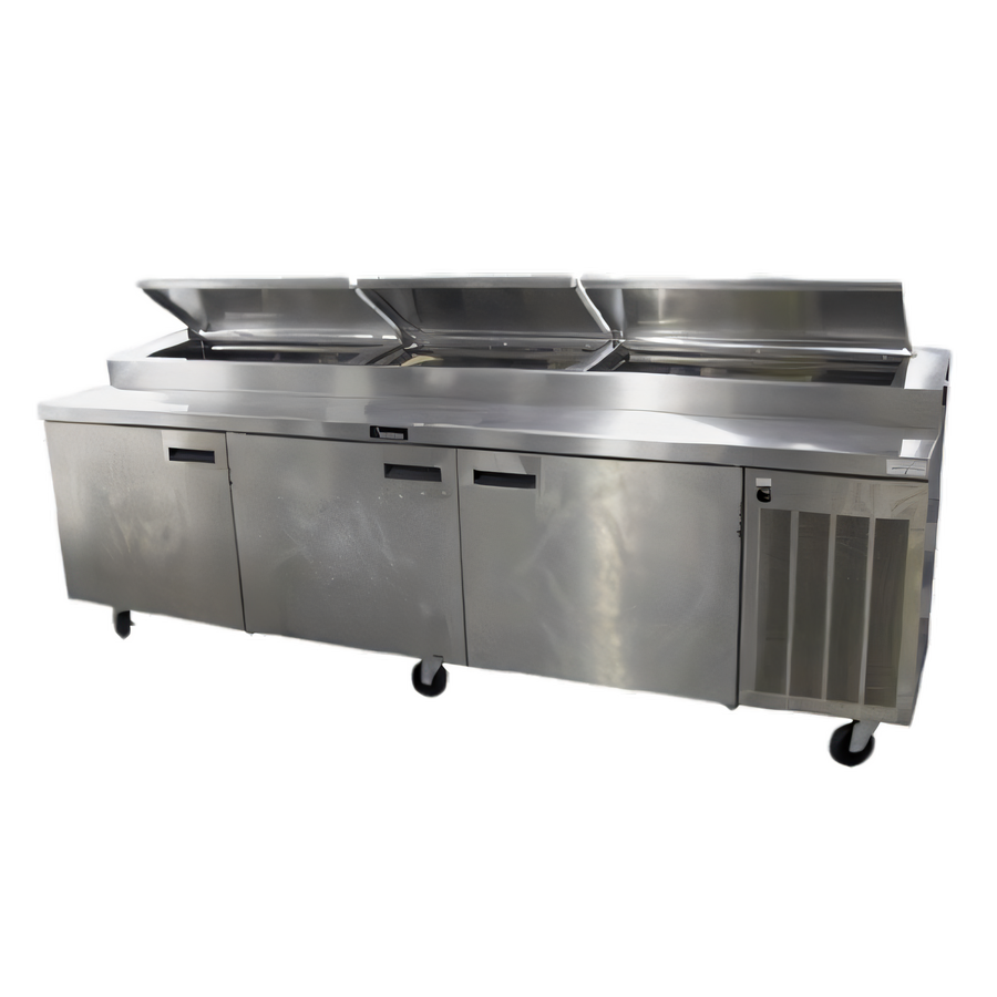 Product image #1 for Delfield 114-Inch Three-Section Refrigerated Pizza Prep Table, 30.9 Cu. Ft., Stainless Steel Top, 14 Third-Size Pan Capacity, Side-Mounted R290 Refrigeration