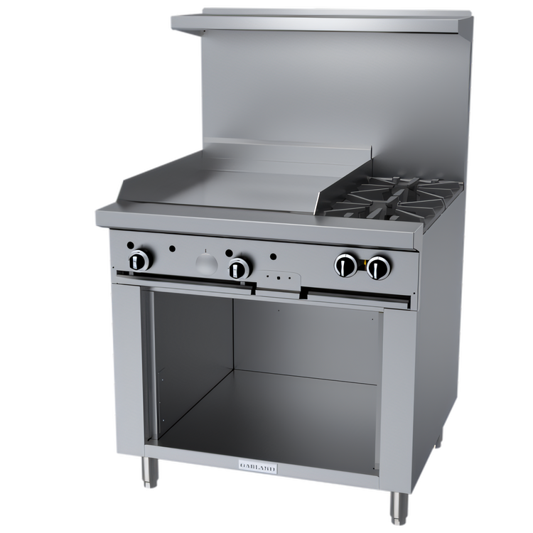 Product image #1 for Garland G Starfire Pro 36-Inch Gas Restaurant Range with 2 Open Burners, 24-Inch Griddle, and Storage Base