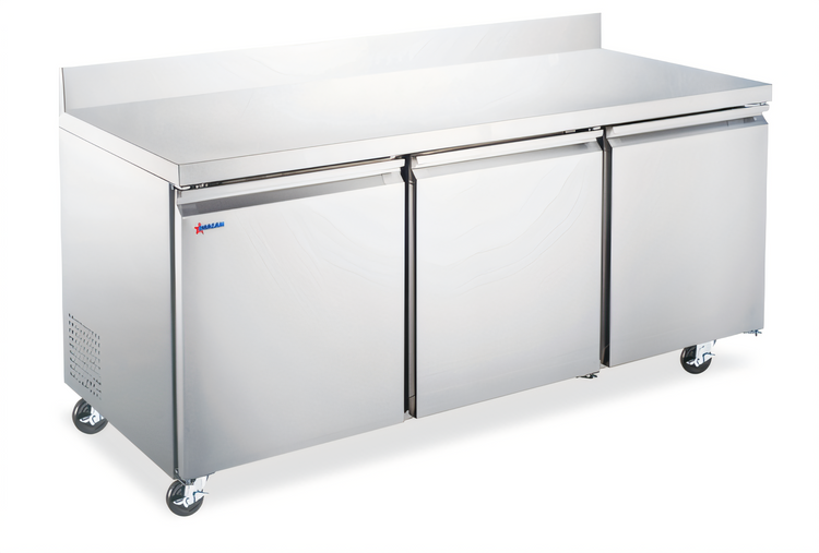Product image #1 for Omcan 72-Inch Three-Section Worktop Refrigerator With Backsplash, 17 Cu. Ft., Stainless Steel