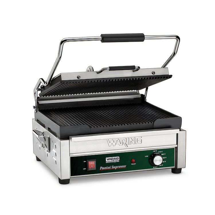 Product image #1 for Waring Panini Supremo™ Large Single Commercial Panini Press with Ribbed Cast Iron Plates, 14.5 x 11 Inch Cooking Surface, 208V Electric