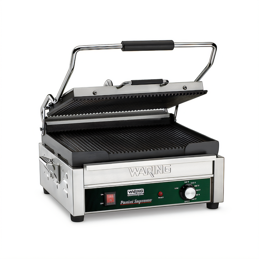 Product image #1 for Waring Panini Supremo™ Large Single Commercial Panini Press with Ribbed Cast Iron Plates, 14.5 x 11 Inch Cooking Surface, 208V Electric