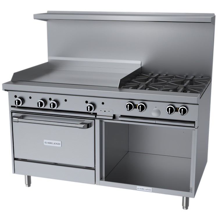 Product image #1 for Garland G Starfire Pro 60-Inch Gas Restaurant Range with 4 Open Burners, 36-Inch Griddle, Standard Oven, and Storage Base