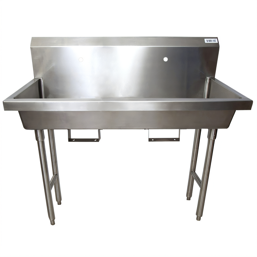 Product image #1 for BK Resources Two-Station Freestanding Hand Wash Sink with Knee Valve Bracket, 48 Inch Stainless Steel