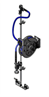 T&S Brass Open Stainless Steel Retractable Hose Reel Assembly with Exposed Piping and 35-Foot Hose