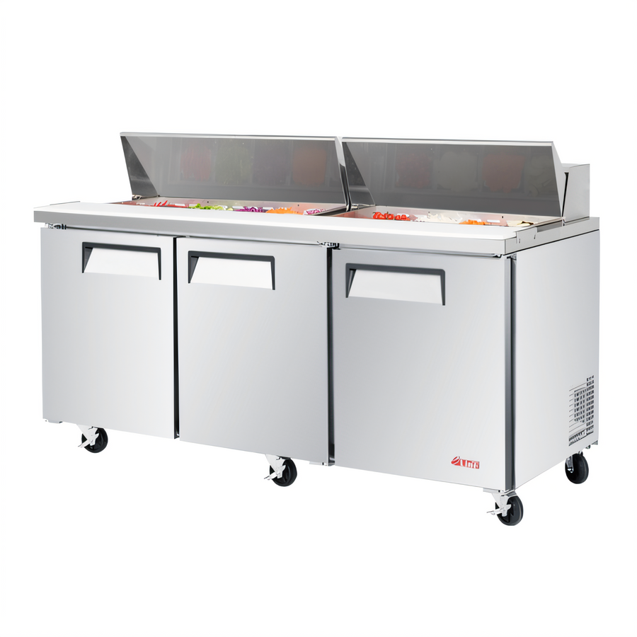 Product image #1 for Turbo Air E-Line Three Section Sandwich/Salad Refrigerated Prep Table, 72-5/8 Inch, 19 Cu. Ft., 3 Doors, Self-Contained