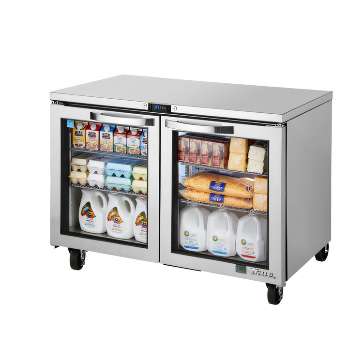 Product image #1 for True SPEC SERIES 48 3/8-Inch Two-Section Undercounter Glass Door Refrigerator, Stainless Steel, Self-Contained Rear-Mounted