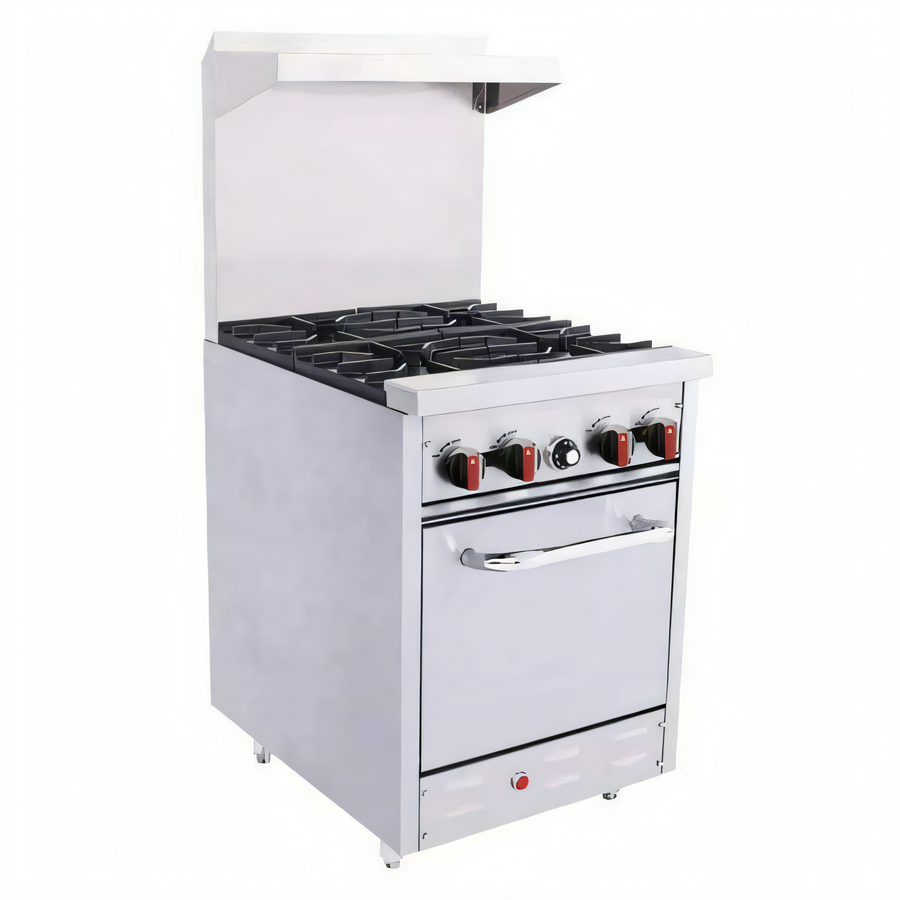 Product image #1 for BakeMax Restaurant Series 24-Inch Natural Gas Commercial Range with 4 Open Burners, Standard Oven, and Hi-Shelf