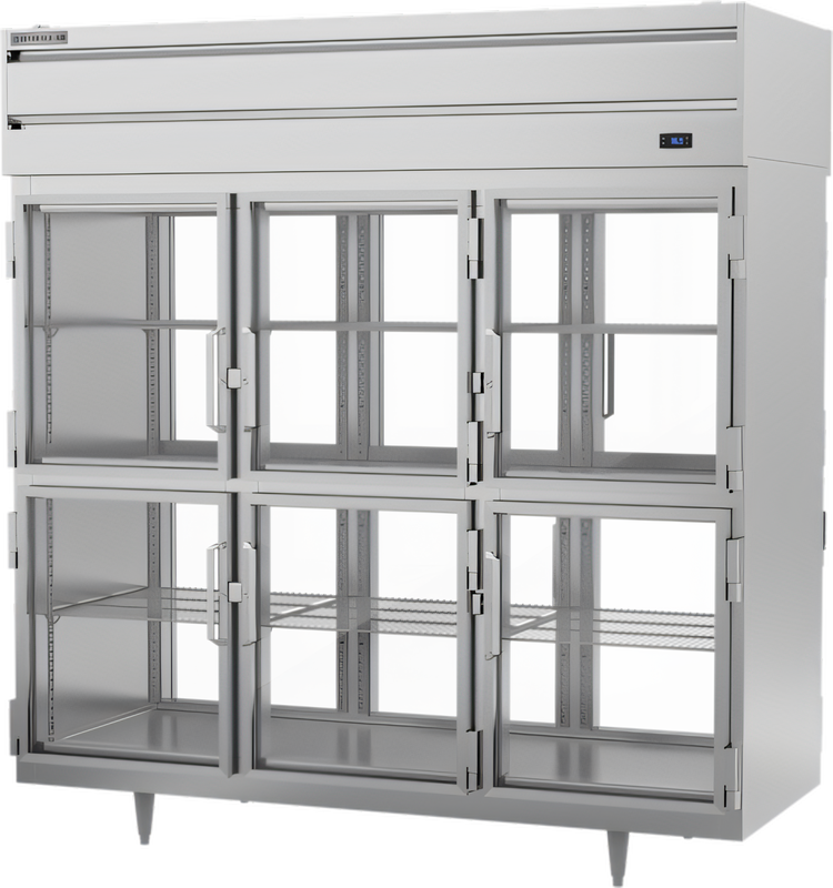Product image #1 for Beverage-Air P-Series Three-Section Pass-Thru Reach-In Refrigerator with 12 Glass Half Doors, 73.99 Cu. Ft., Top-Mounted Self-Contained Refrigeration