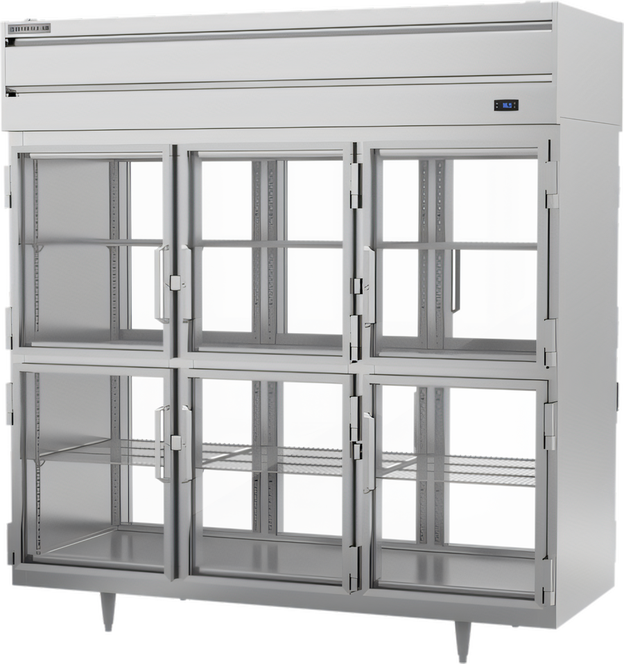 Product image #1 for Beverage-Air P-Series Three-Section Pass-Thru Reach-In Refrigerator with 12 Glass Half Doors, 73.99 Cu. Ft., Top-Mounted Self-Contained Refrigeration