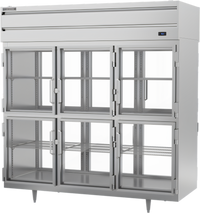 Beverage-Air P-Series Three-Section Pass-Thru Reach-In Refrigerator with 12 Glass Half Doors, 73.99 Cu. Ft., Top-Mounted Self-Contained Refrigeration