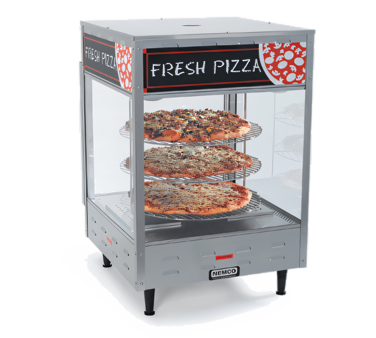 Product image #1 for Rotating 3-Tier Pizza Merchandiser Hot Food Display with 12-Inch Racks, Stainless Steel and Tempered Glass