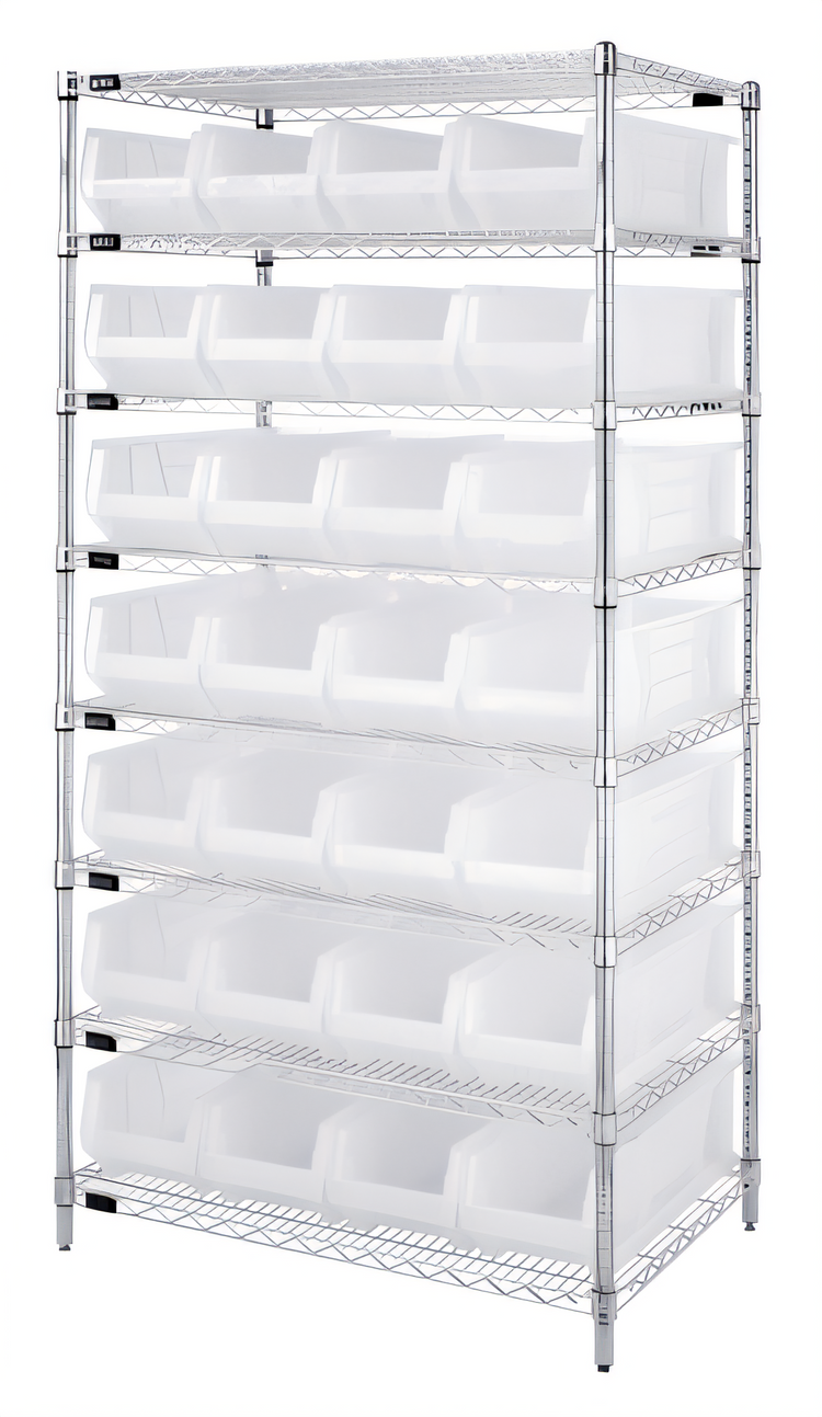 Product image #1 for Quantum WR8-950CL Stationary Bin Wire Shelving System with 28 Clear Bins, Chrome Plated, 36 x 24 x 74 Inches
