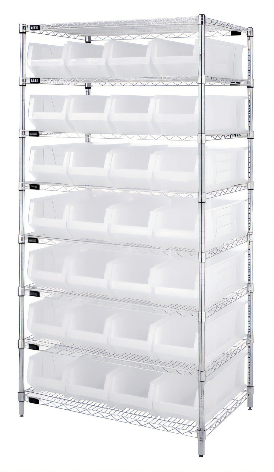 Product image #1 for Quantum WR8-950CL Stationary Bin Wire Shelving System with 28 Clear Bins, Chrome Plated, 36 x 24 x 74 Inches