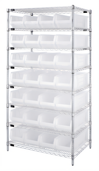 Quantum WR8-950CL Stationary Bin Wire Shelving System with 28 Clear Bins, Chrome Plated, 36 x 24 x 74 Inches