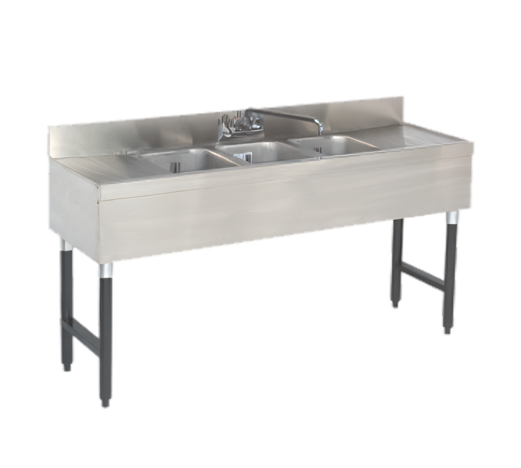 Product image #1 for Advance Tabco Special Value Series 3-Compartment Stainless Steel Bar Sink with Splash-Mounted Faucet and Dual Drainboards, 60 x 18 Inches