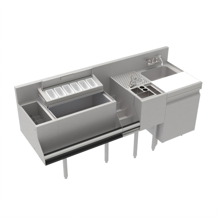 Product image #1 for Krowne Royal Series 70-Inch Stainless Steel Underbar Hand and Dump Sink Workstation with 24-Inch Ice Bin, 10-Circuit Cold Plate, Elixir Well, and Cabinet Below