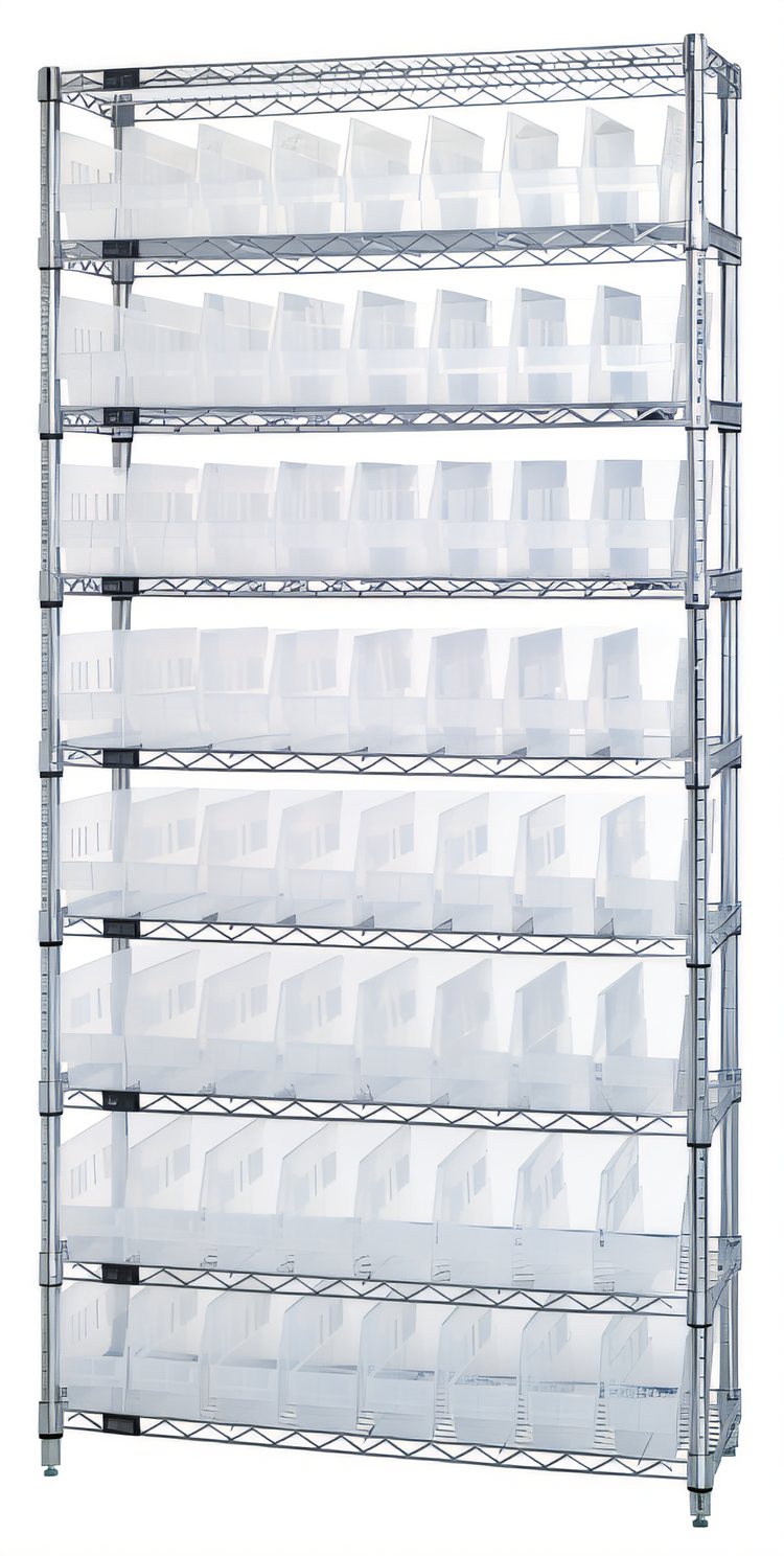Product image #1 for Quantum Chrome-Plated 9-Shelf Wire Shelving Bin Storage System with 64 Clear Bins, 36 x 24 x 74 Inches