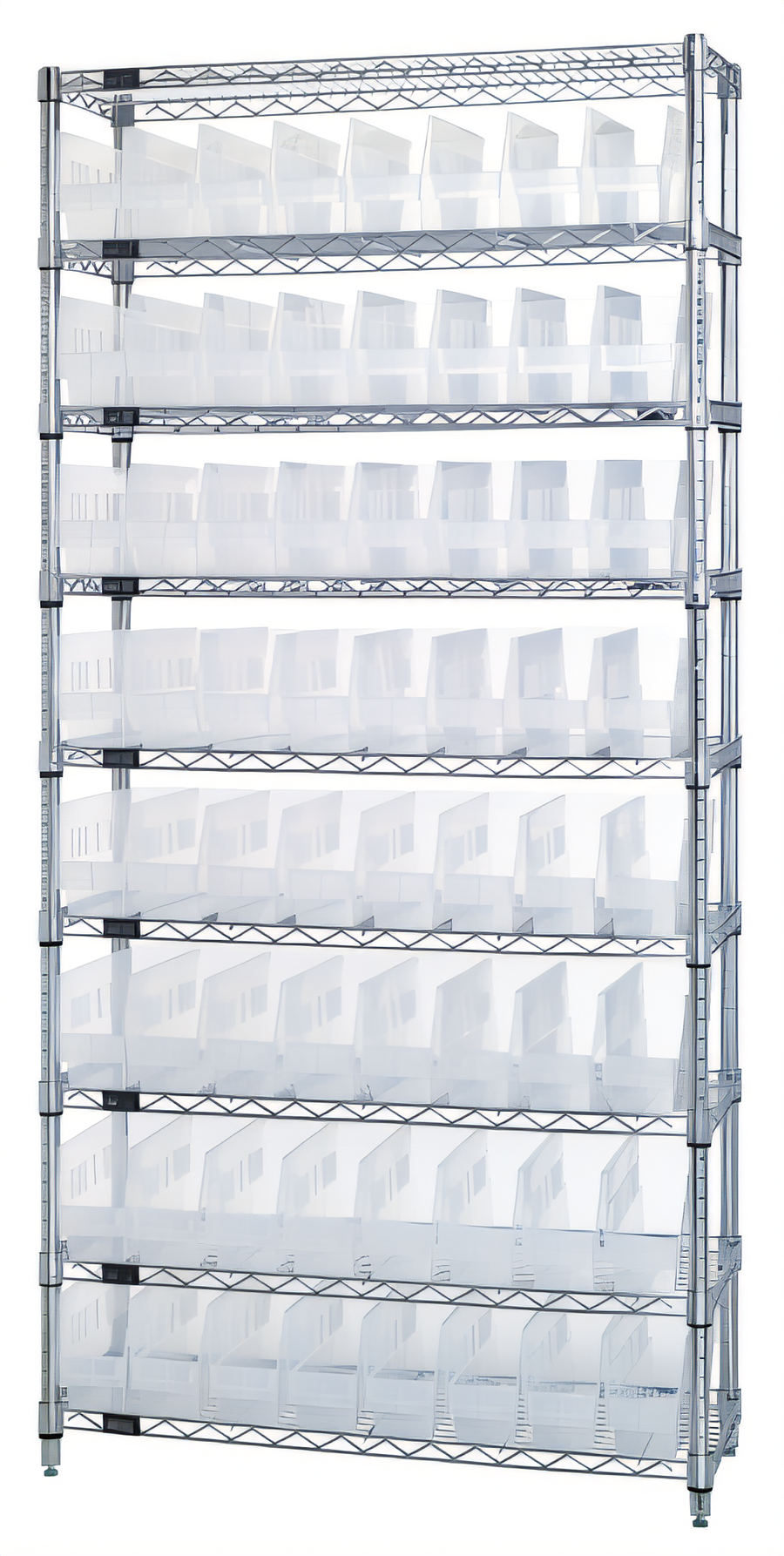 Product image #1 for Quantum Chrome-Plated 9-Shelf Wire Shelving Bin Storage System with 64 Clear Bins, 36 x 24 x 74 Inches
