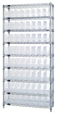 Quantum Chrome-Plated 9-Shelf Wire Shelving Bin Storage System with 64 Clear Bins, 36 x 24 x 74 Inches