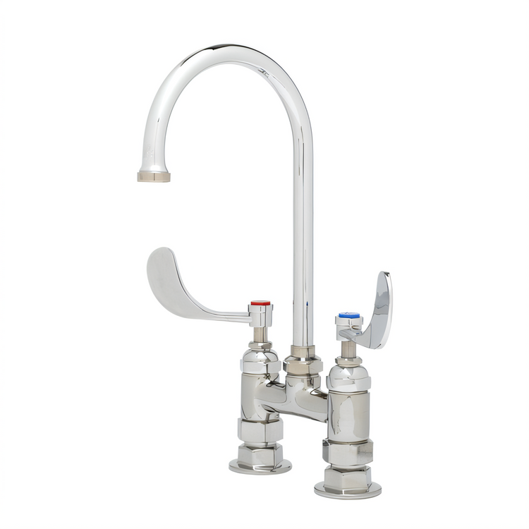 Product image #1 for T&S Brass Double Pantry Deck-Mount Faucet with 4" Adjustable Centers and 5-3/4" Swivel/Rigid Gooseneck