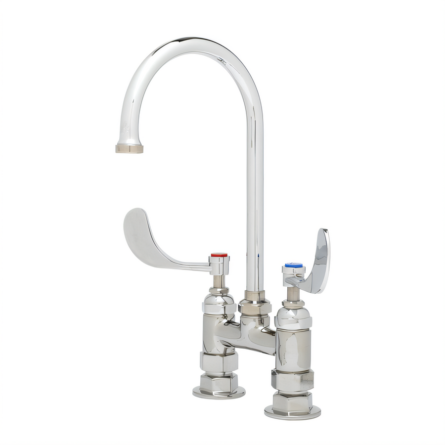 Product image #1 for T&S Brass Double Pantry Deck-Mount Faucet with 4" Adjustable Centers and 5-3/4" Swivel/Rigid Gooseneck