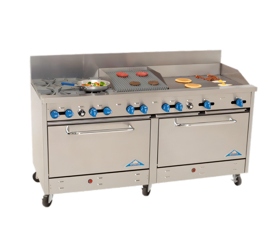 Product image #1 for Comstock-Castle 72-Inch Commercial Gas Range with 4 Star Burners, 30-Inch Griddle, 18-Inch Char-Broiler, and 2 Ovens