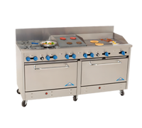 Comstock-Castle 72-Inch Commercial Gas Range with 4 Star Burners, 30-Inch Griddle, 18-Inch Char-Broiler, and 2 Ovens