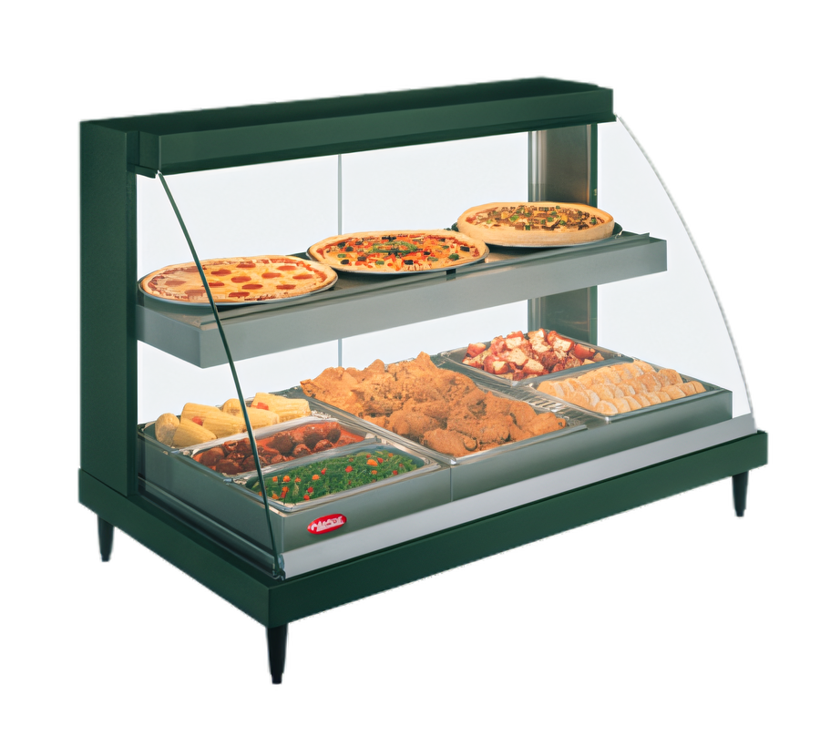 Product image #1 for Hatco Glo-Ray Designer Curved Glass Humidified Dual-Shelf Countertop Hot Food Display Case, 3-Pan, 120V