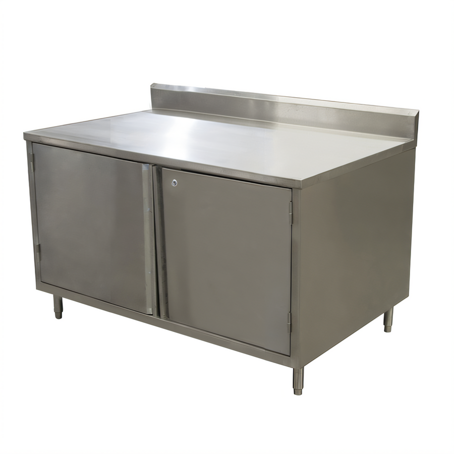 Product image #1 for BK Resources 60-Inch x 36-Inch Stainless Steel Cabinet Base Work Table with Hinged Doors, Lock, and 5-Inch Backsplash