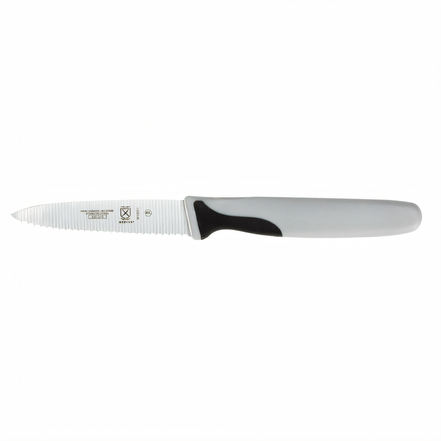 Product image #1 for Mercer Millennia 3" Slim Serrated Paring Knife — 3-Pack (High-Carbon Japanese Steel, Non-Slip Santoprene®/Polypropylene Handle, NSF)