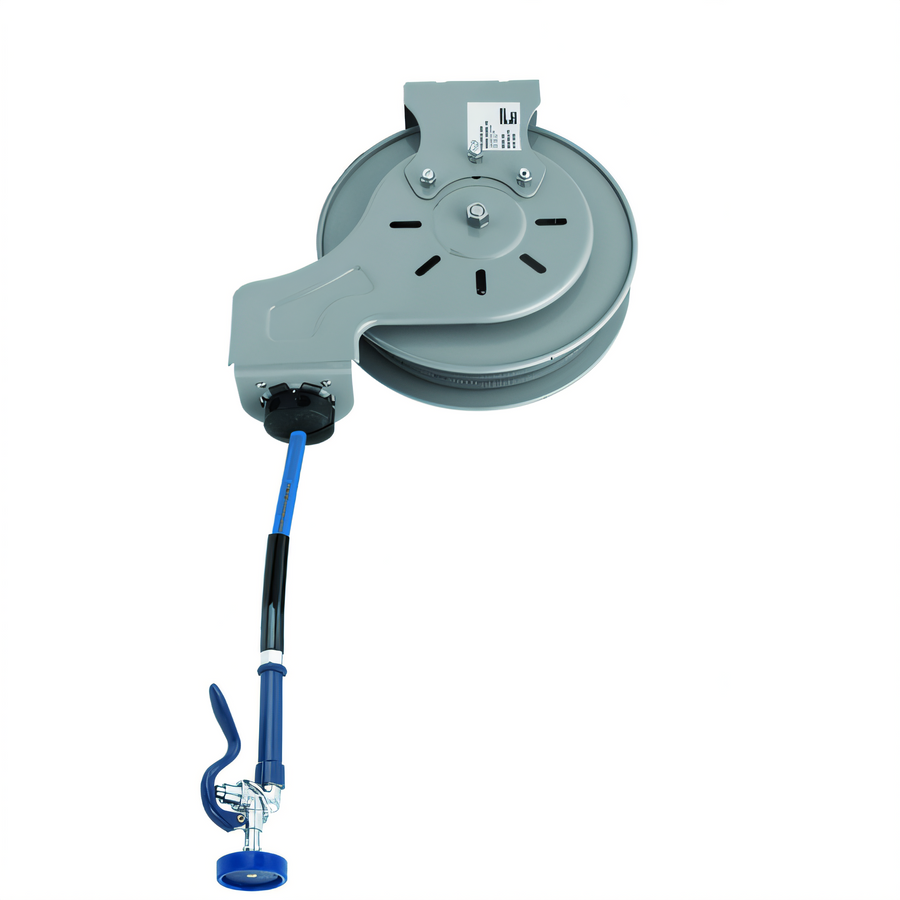 Product image #1 for T&S B-7212-01 Open Epoxy-Coated Retractable Hose Reel — 3/8" x 15' Heavy-Duty Hose with High-Flow Blue Spray Valve & Ratcheting Lock