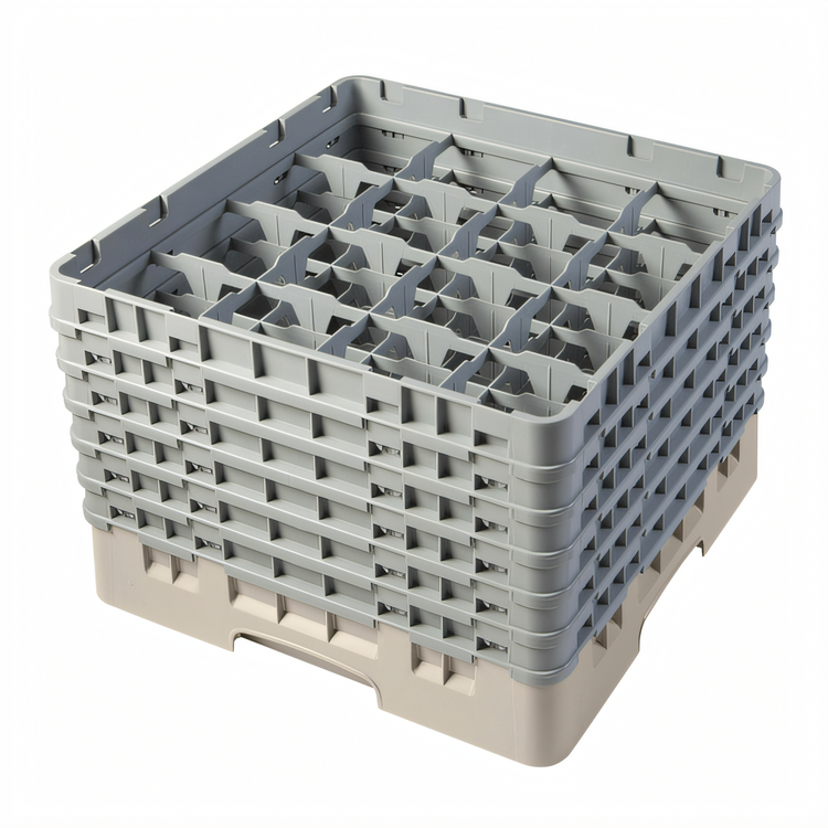 Product image #2 for Cambro Camrack® Full-Size 16-Compartment Glass Rack — 11-3/4 in. Height, 19-3/4 in. Square, Beige (Includes 6 Soft Gray Extenders)