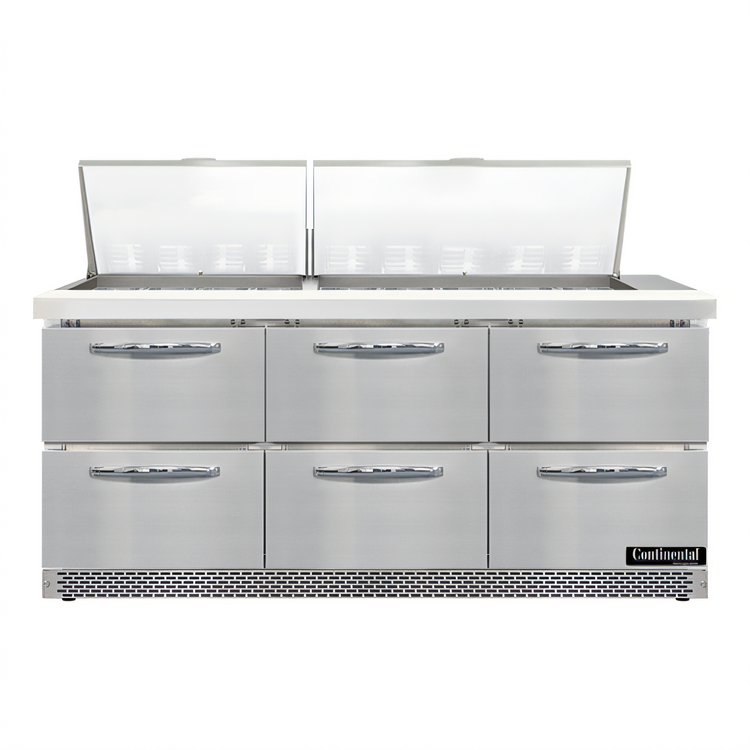 Product image #1 for Continental Refrigerator Mighty Top SW72N27M-FB-D 72" Three-Section Front Breather Refrigerated Sandwich Prep Table