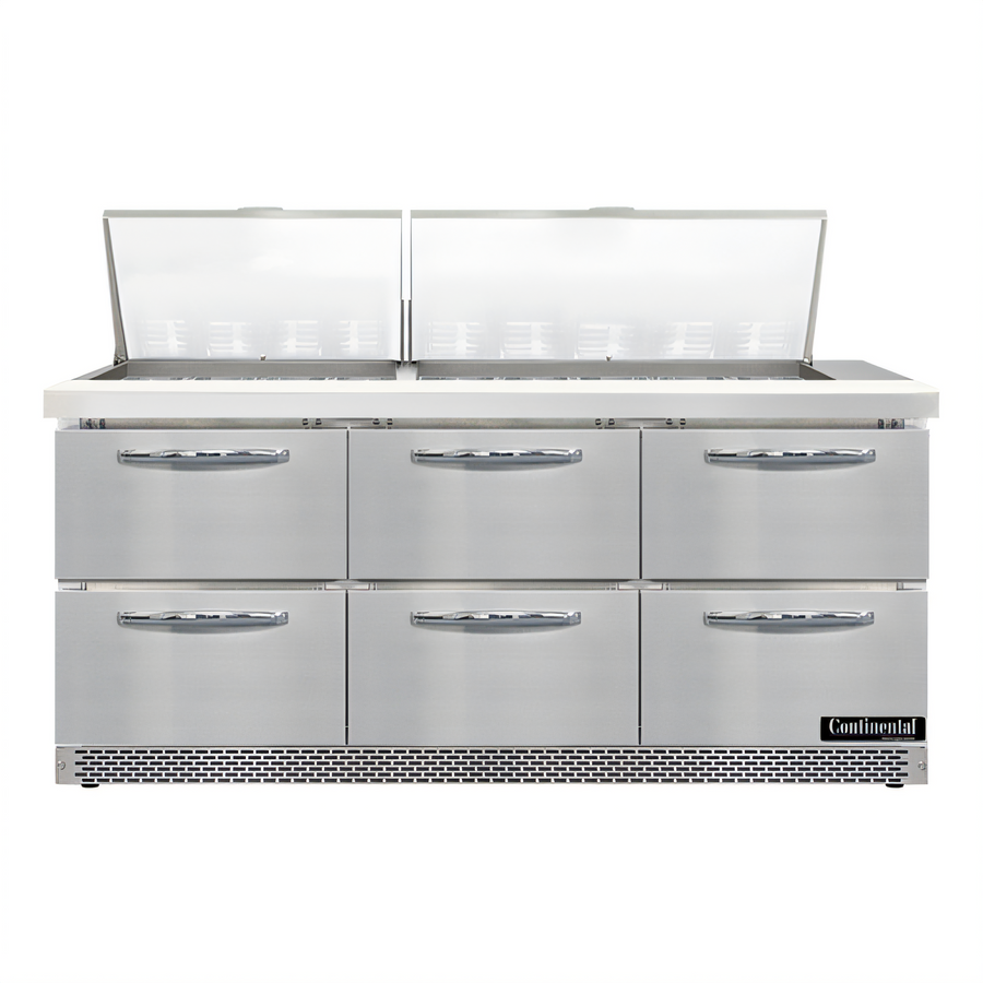 Product image #1 for Continental Refrigerator Mighty Top SW72N27M-FB-D 72" Three-Section Front Breather Refrigerated Sandwich Prep Table
