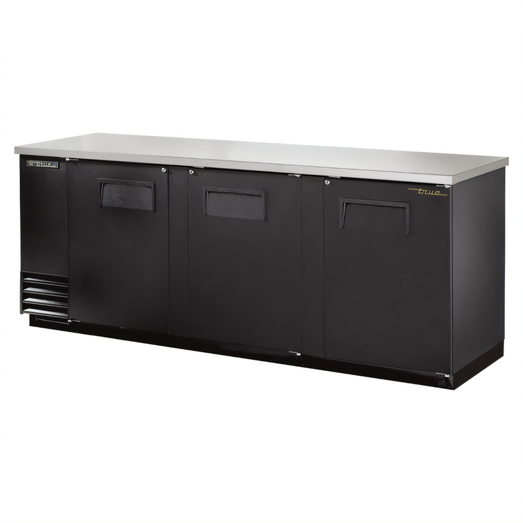 Product image #1 for True Three-Section Back Bar Cooler, 90-3/8 Inch Wide, 3 Solid Locking Doors, Stainless Steel Top, Left-Side Self-Contained Refrigeration